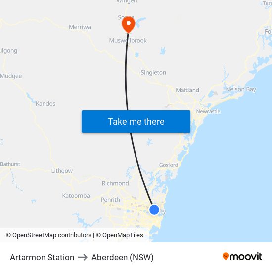 Artarmon Station to Aberdeen (NSW) map