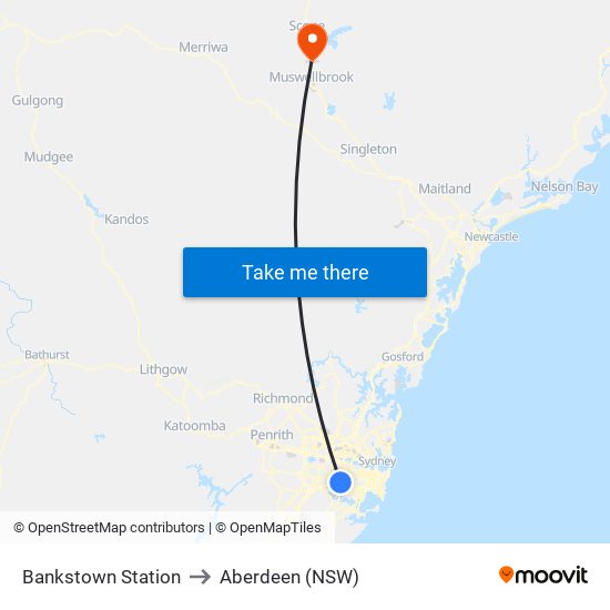 Bankstown Station to Aberdeen (NSW) map