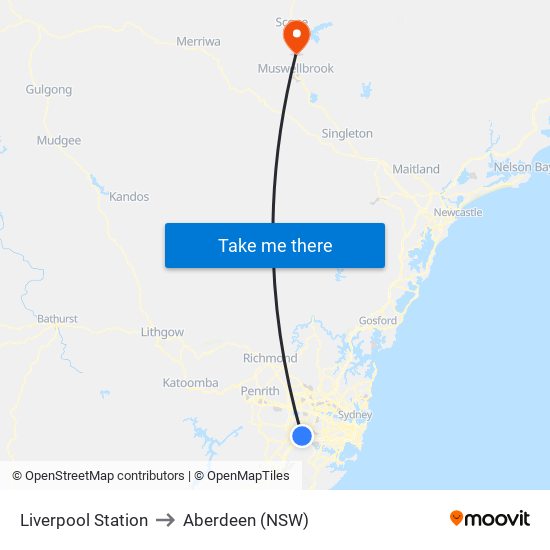 Liverpool Station to Aberdeen (NSW) map