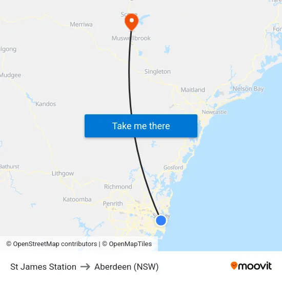 St James Station to Aberdeen (NSW) map