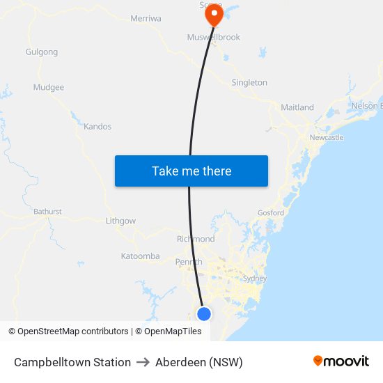 Campbelltown Station to Aberdeen (NSW) map