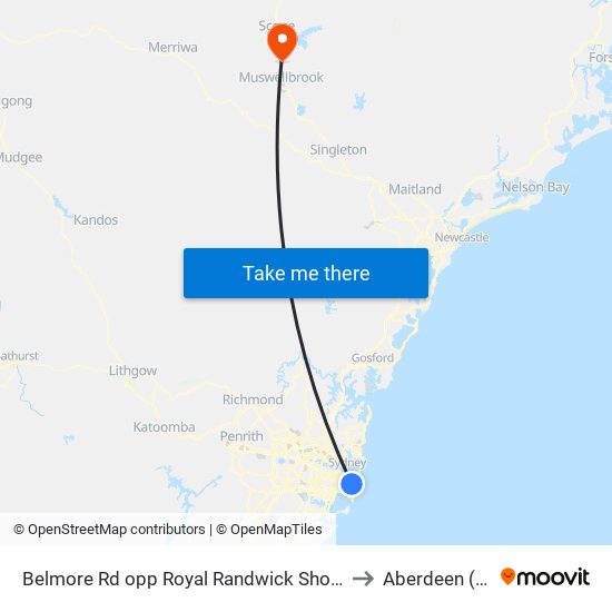 Belmore Rd opp Royal Randwick Shopping Centre to Aberdeen (NSW) map