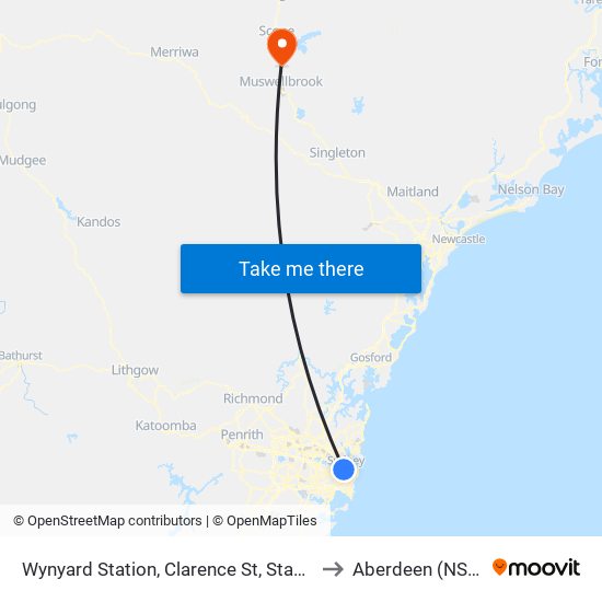 Wynyard Station, Clarence St, Stand T to Aberdeen (NSW) map
