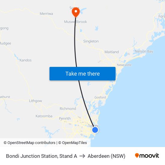 Bondi Junction Station, Stand A to Aberdeen (NSW) map