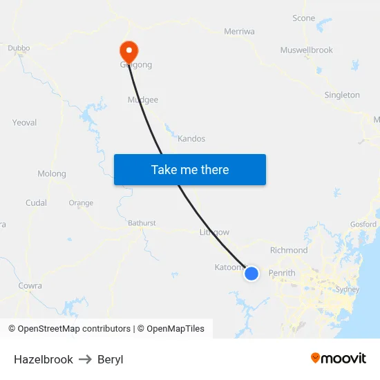 Hazelbrook to Beryl map