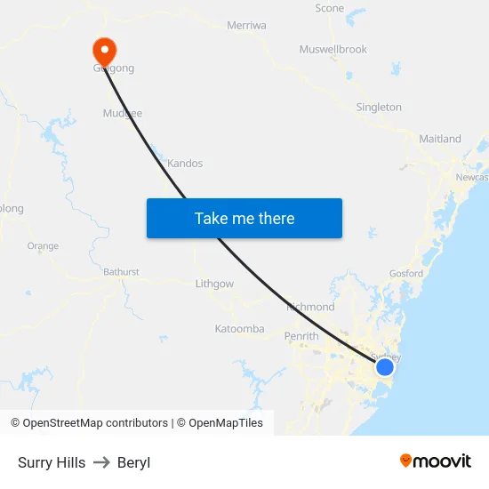 Surry Hills to Beryl map
