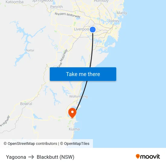 Yagoona to Blackbutt (NSW) map