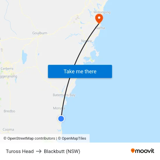 Tuross Head to Blackbutt (NSW) map