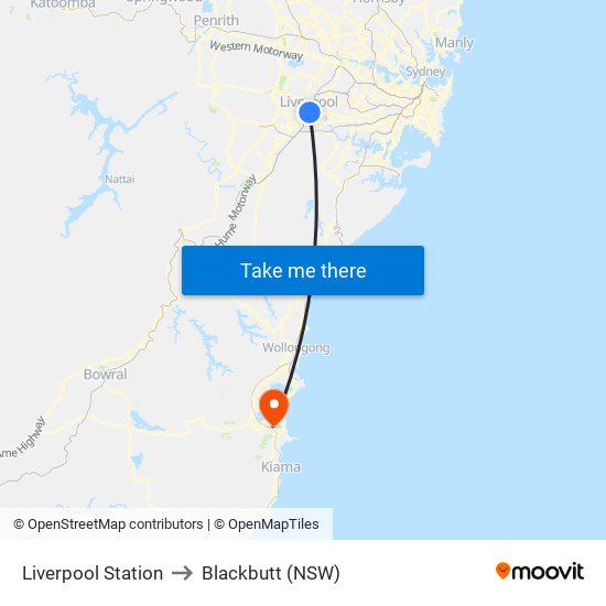 Liverpool Station to Blackbutt (NSW) map