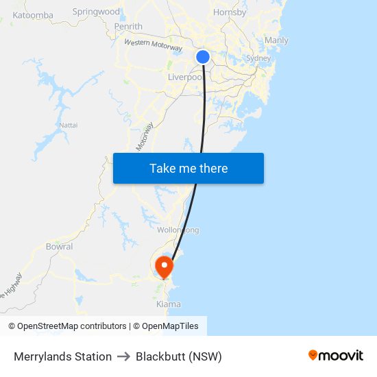 Merrylands Station to Blackbutt (NSW) map