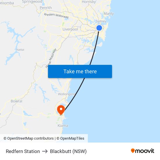 Redfern Station to Blackbutt (NSW) map