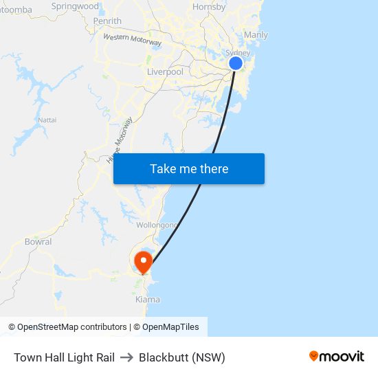 Town Hall Light Rail to Blackbutt (NSW) map