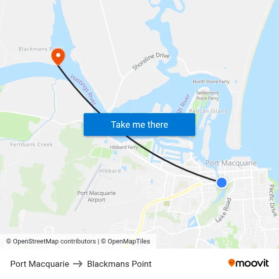 Port Macquarie to Blackmans Point map