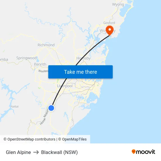 Glen Alpine to Blackwall (NSW) map
