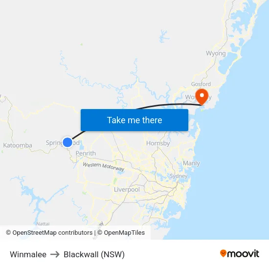 Winmalee to Blackwall (NSW) map