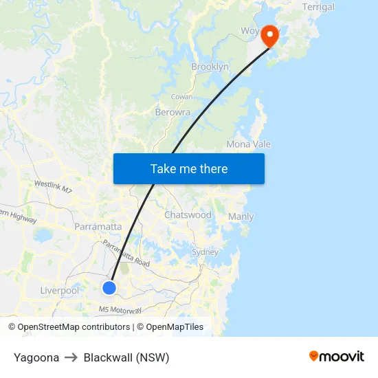 Yagoona to Blackwall (NSW) map