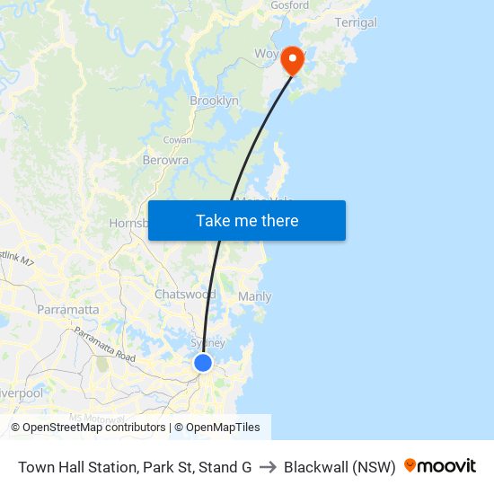 Town Hall, Park St, Stand G to Blackwall (NSW) map