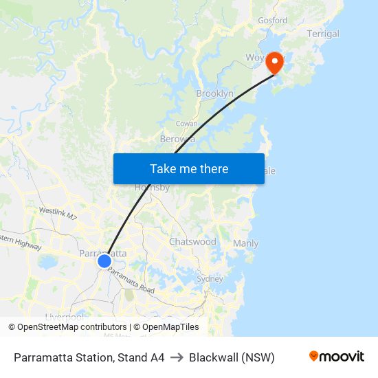 Parramatta Station, Stand A4 to Blackwall (NSW) map