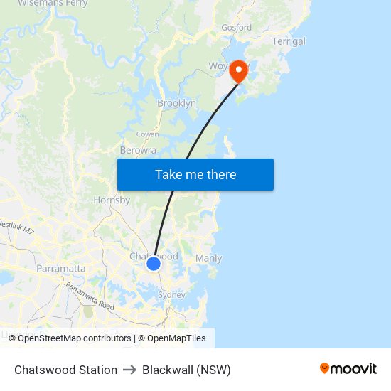 Chatswood Station to Blackwall (NSW) map
