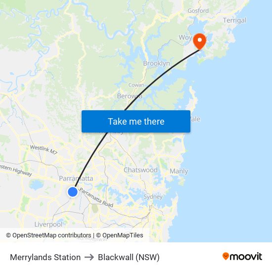 Merrylands Station to Blackwall (NSW) map