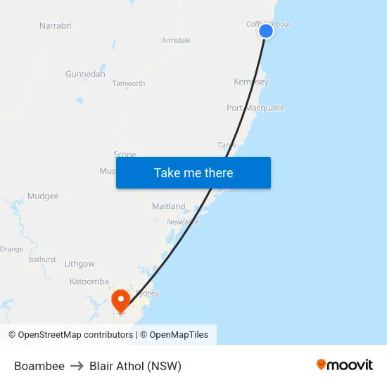 Boambee to Blair Athol (NSW) map