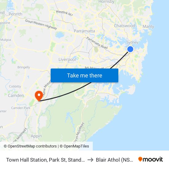 Town Hall Station, Park St, Stand J to Blair Athol (NSW) map