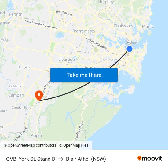 QVB, York St, Stand D to Blair Athol (NSW) map