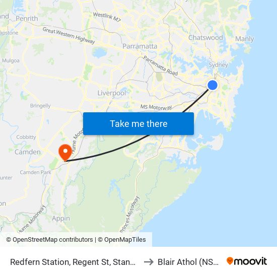 Redfern Station, Regent St, Stand C to Blair Athol (NSW) map