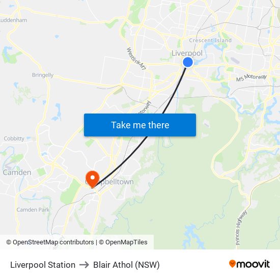 Liverpool Station to Blair Athol (NSW) map