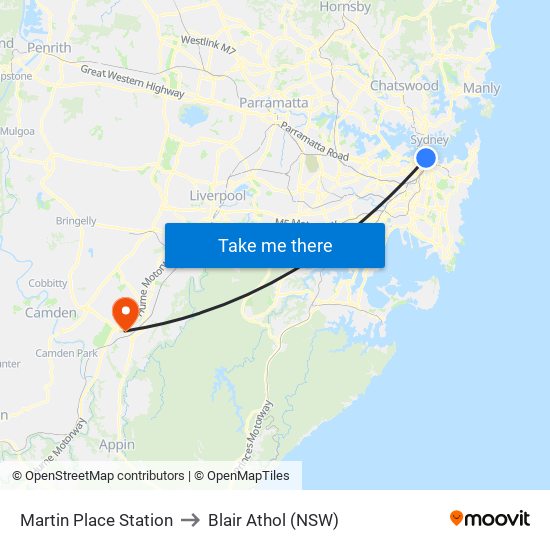 Martin Place Station to Blair Athol (NSW) map