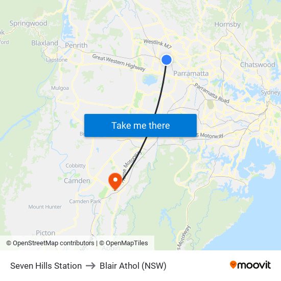 Seven Hills Station to Blair Athol (NSW) map