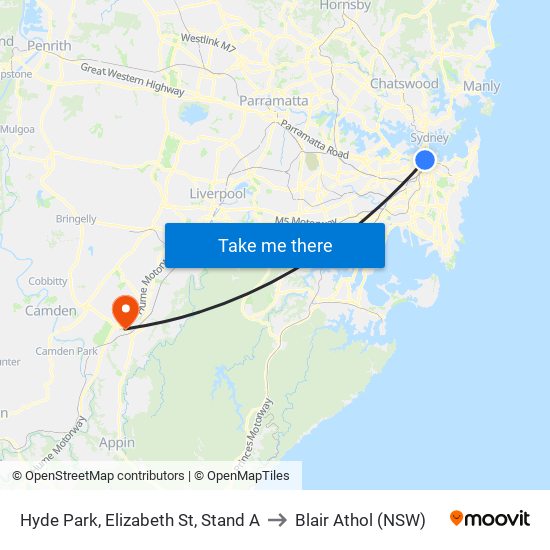 Hyde Park, Elizabeth St, Stand A to Blair Athol (NSW) map