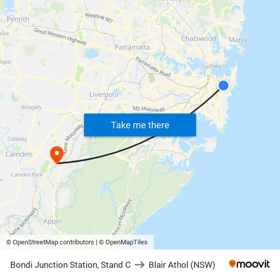 Bondi Junction Station, Stand C to Blair Athol (NSW) map