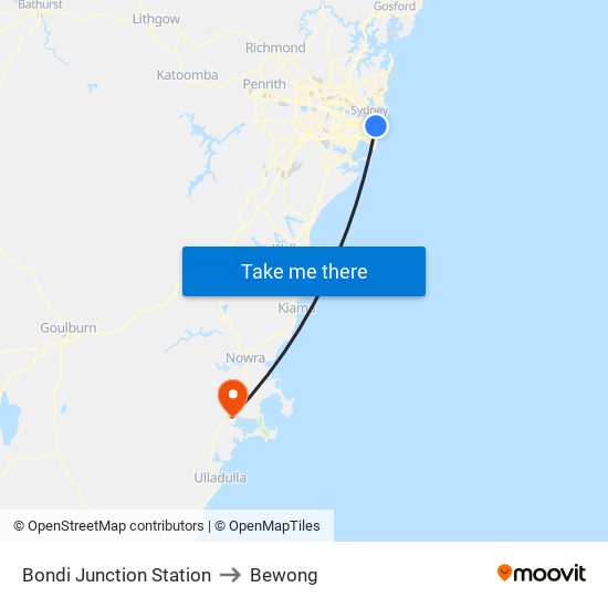 Bondi Junction Station to Bewong map