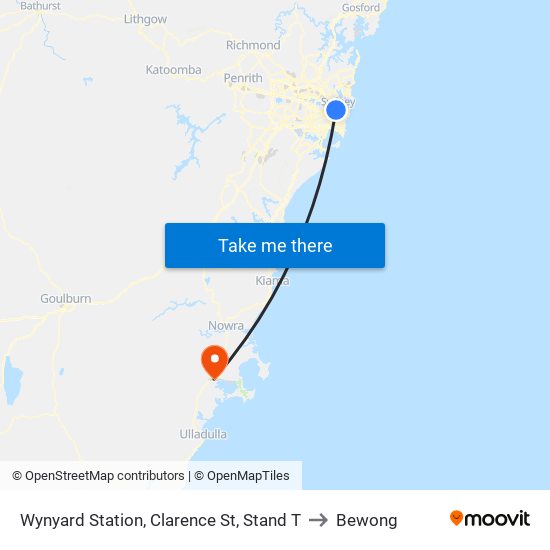 Wynyard Station, Clarence St, Stand T to Bewong map