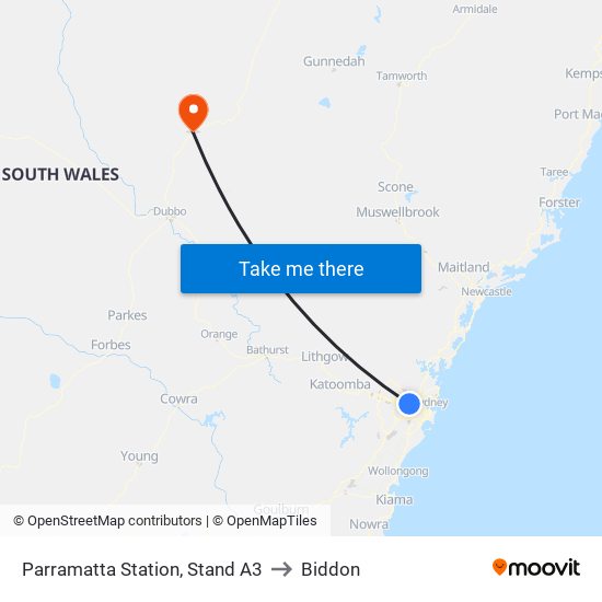 Parramatta Station, Stand A3 to Biddon map