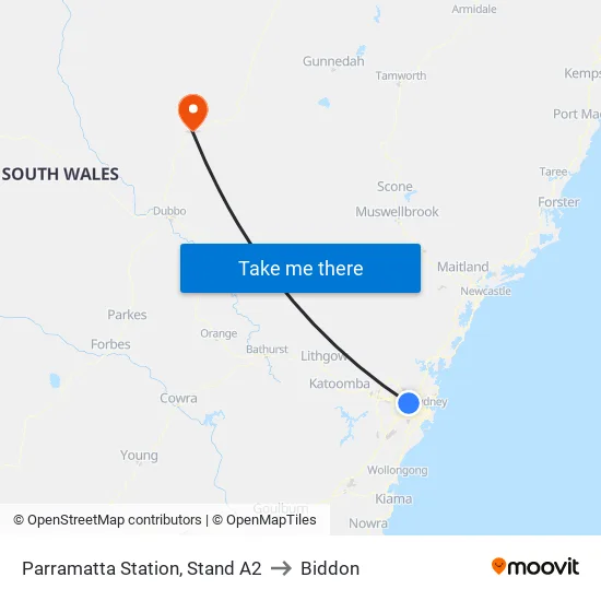 Parramatta Station, Stand A2 to Biddon map