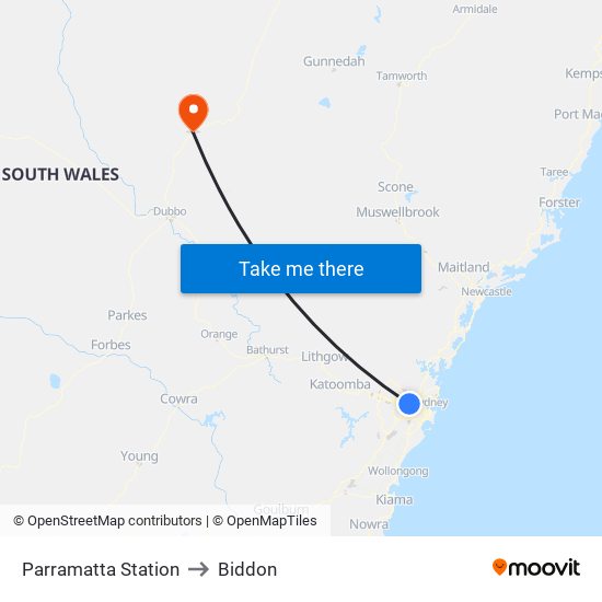 Parramatta Station to Biddon map