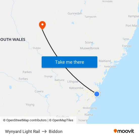 Wynyard Light Rail to Biddon map