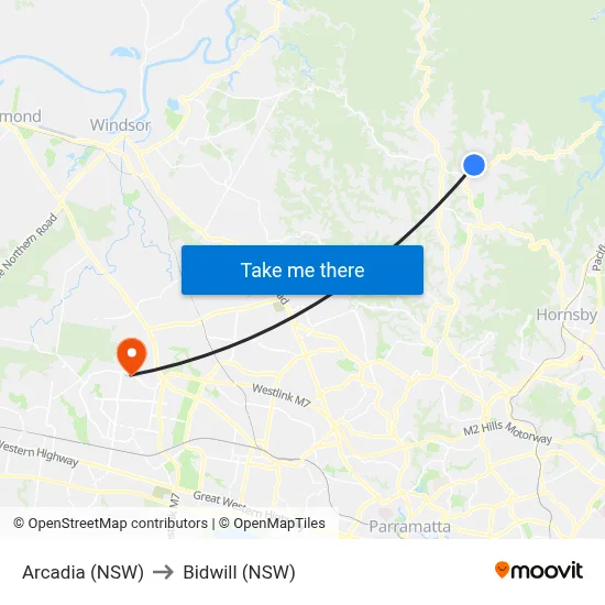 Arcadia (NSW) to Bidwill (NSW) map