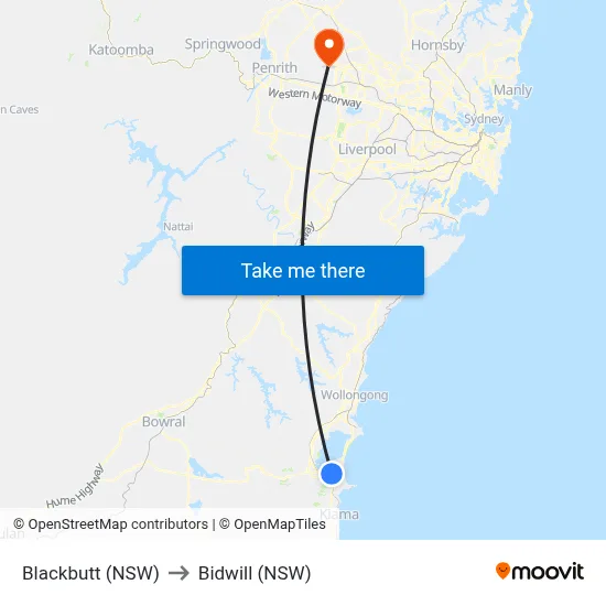 Blackbutt (NSW) to Bidwill (NSW) map