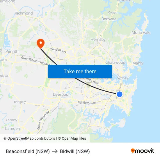 Beaconsfield (NSW) to Bidwill (NSW) map