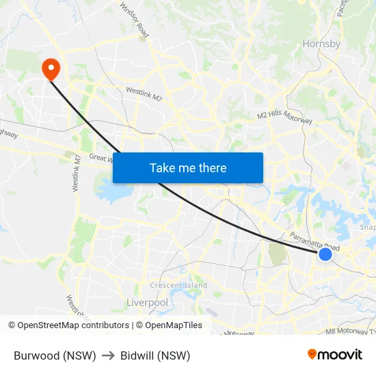 Burwood (NSW) to Bidwill (NSW) map