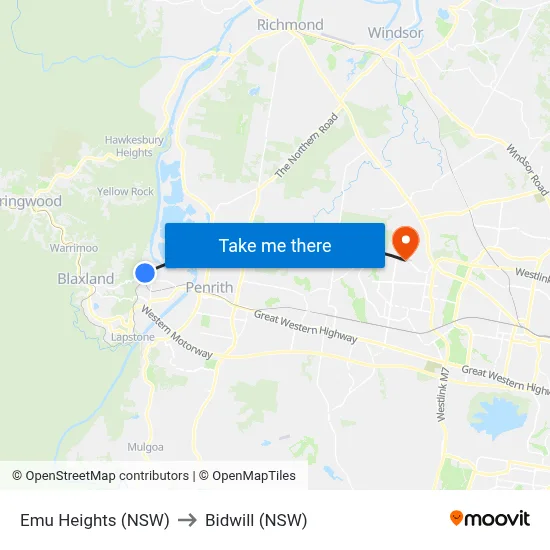 Emu Heights (NSW) to Bidwill (NSW) map