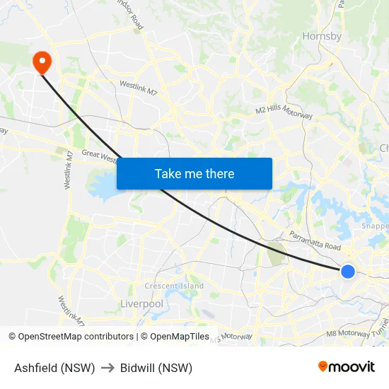 Ashfield (NSW) to Bidwill (NSW) map