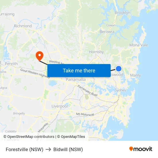 Forestville (NSW) to Bidwill (NSW) map