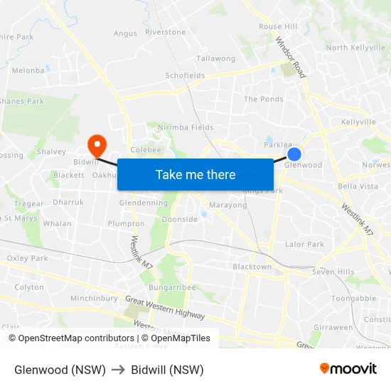 Glenwood (NSW) to Bidwill (NSW) map