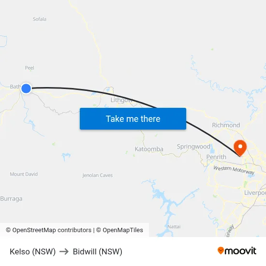 Kelso (NSW) to Bidwill (NSW) map