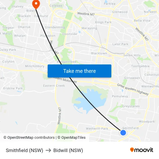 Smithfield (NSW) to Bidwill (NSW) map