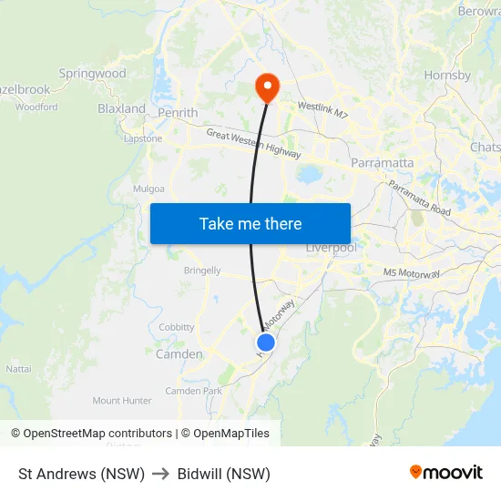 St Andrews (NSW) to Bidwill (NSW) map